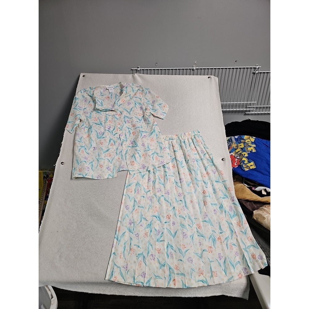 Vintage Carriage Court Floral Tulip Polka Dot Skirt Set Pastel Size 14 Made USA